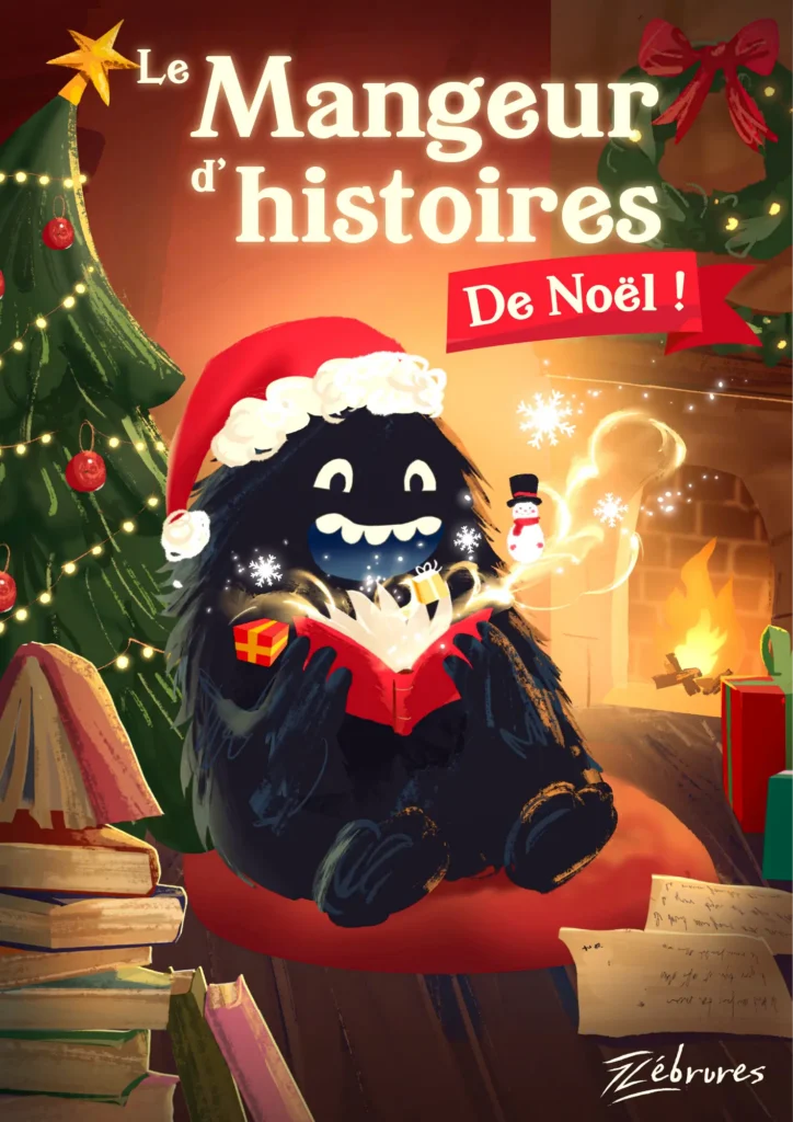 petit monstre mignon mange des livres dans une bibliothèque spectacle de noël